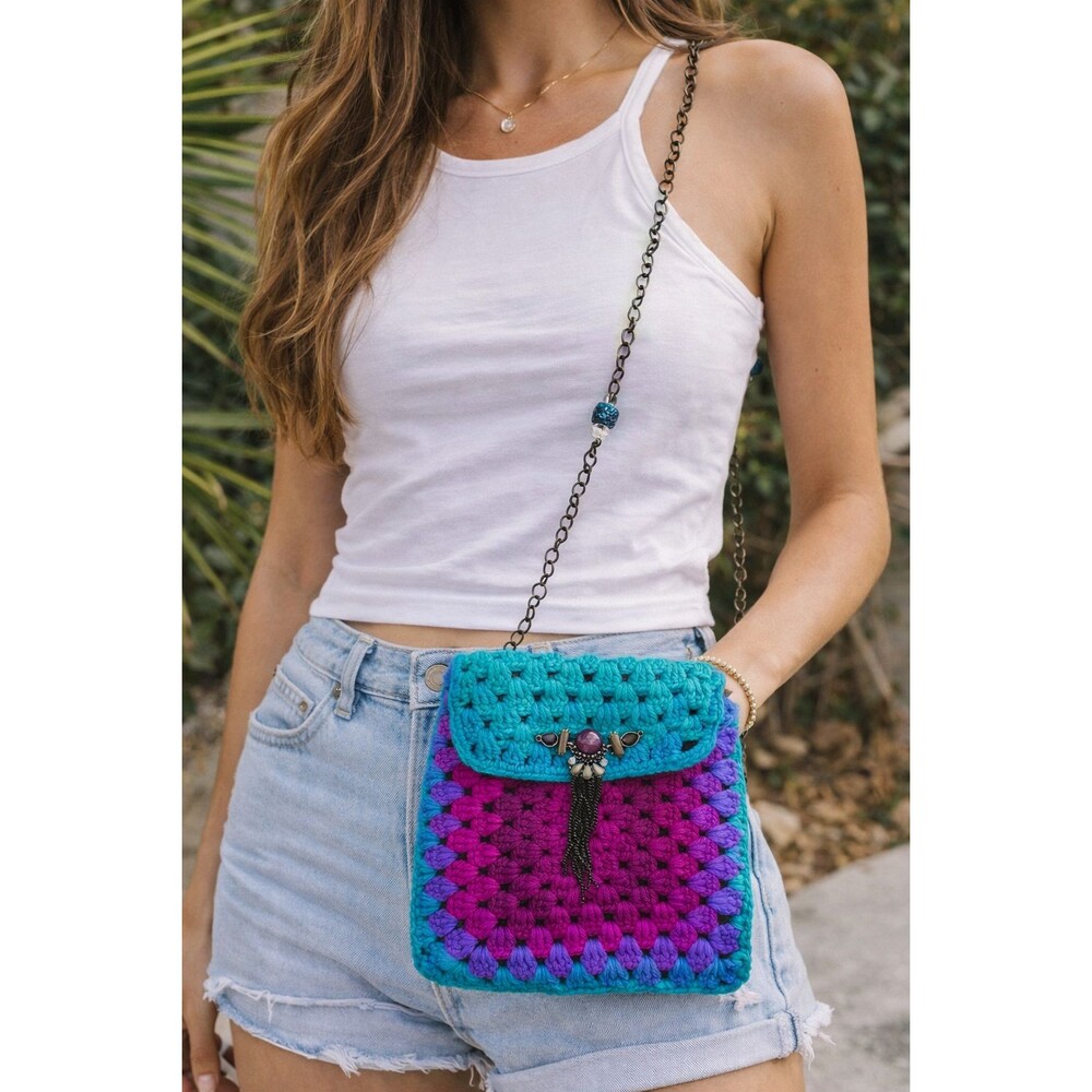 Handmade Crochet Granny Square crossbody Boho Colorful Knit Purse Chain Strap